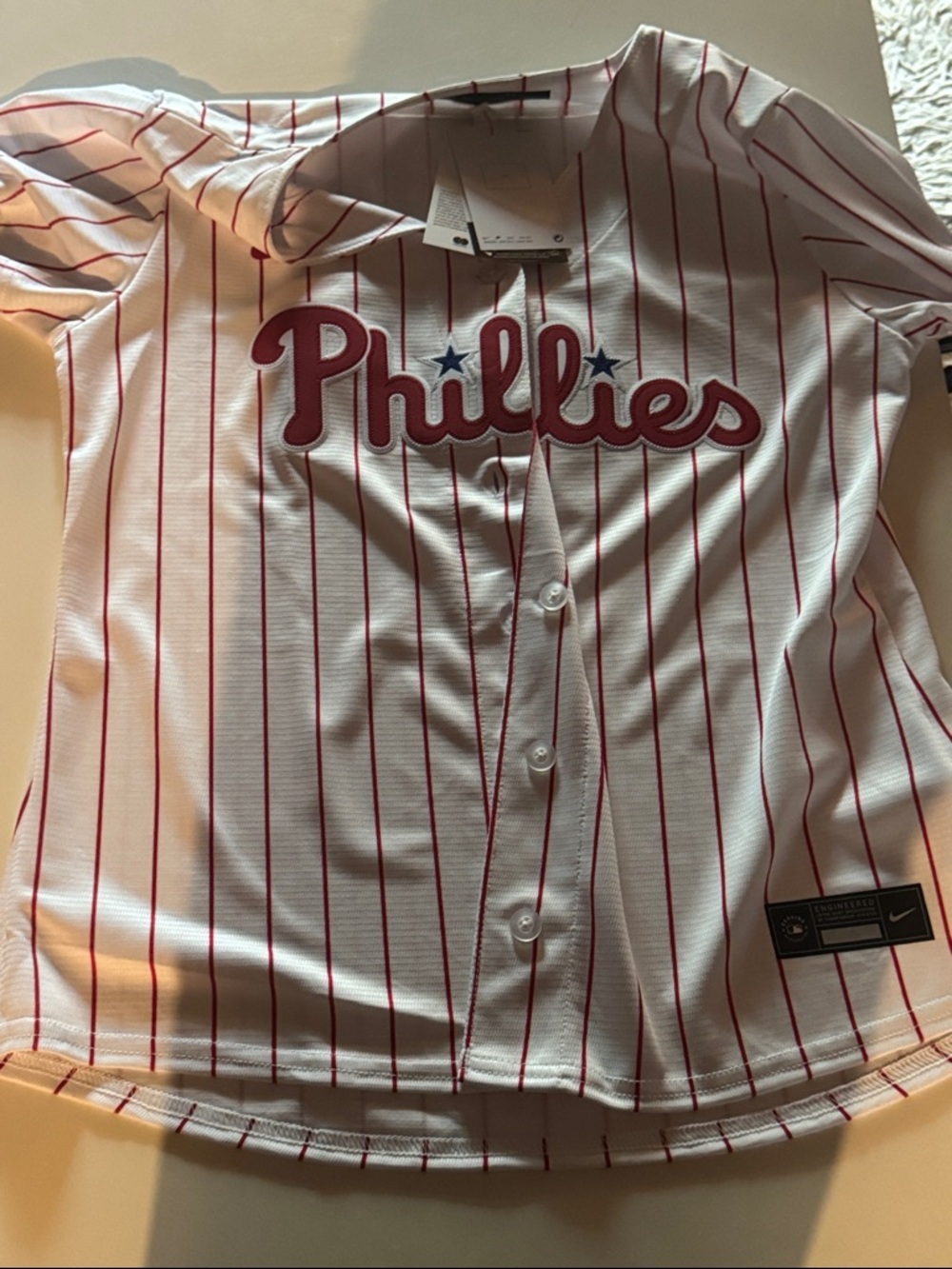 Nike MLB White and Red Phillies Women's Button-Front Jersey